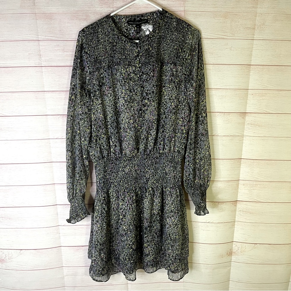 WHBM NEW Long Sleeves Smocked Blouson Tiered Metallic Ruffle‎ Dress Medium